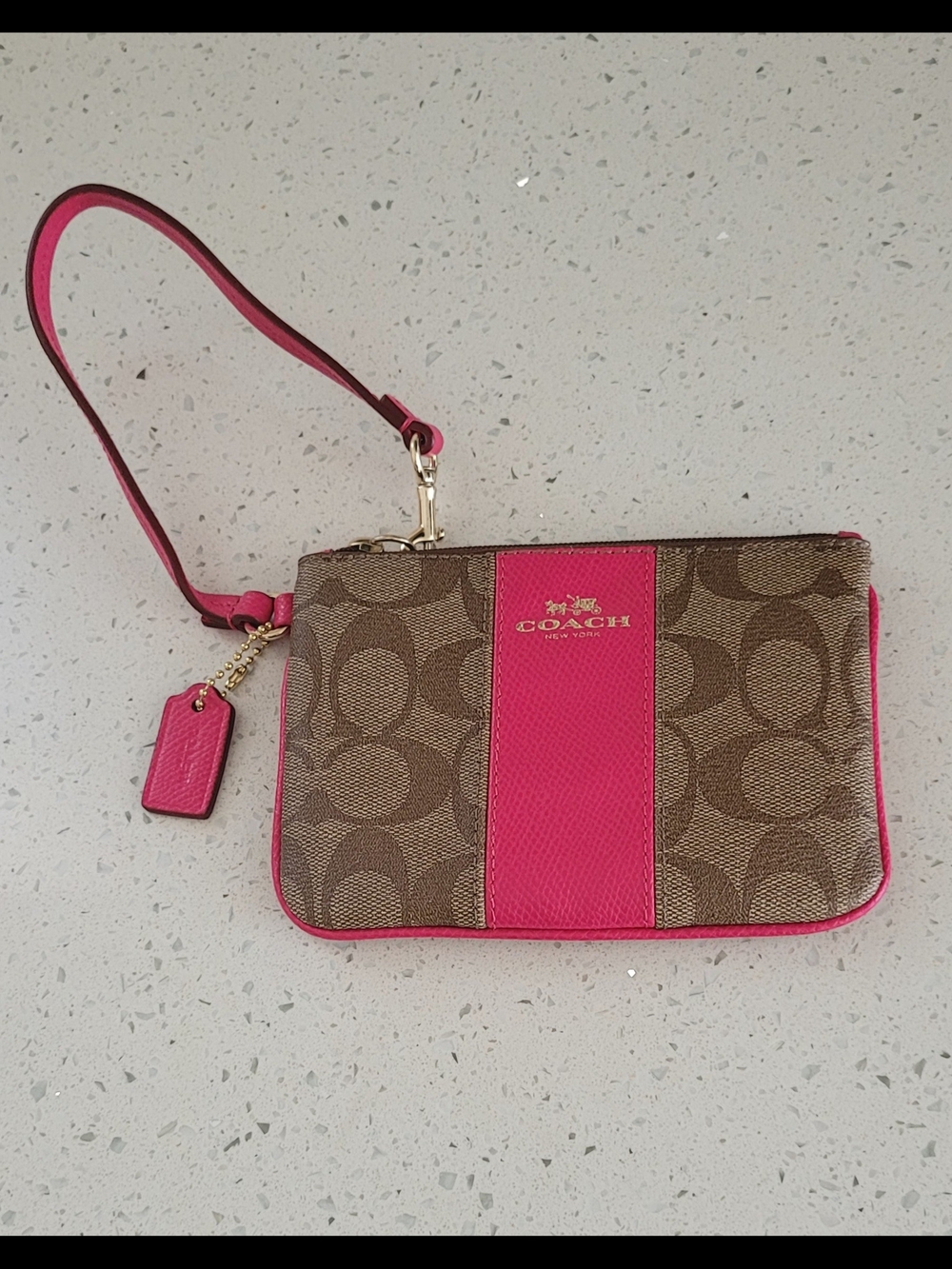 Coach Brown Signature Canvas Wristlet with Hot Pink Trim